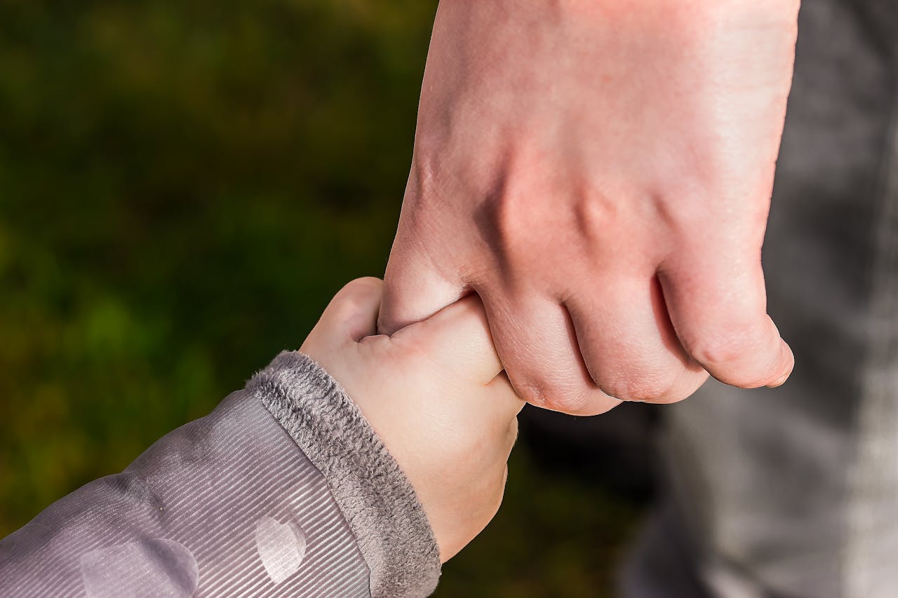 Home A close-up of a child and parent holding hands in a park, symbolizing love and trust.